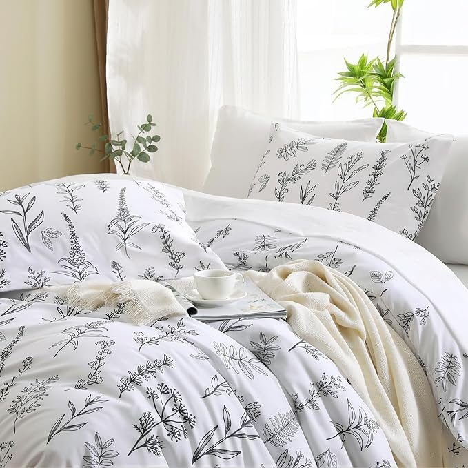 MUXHOMO Duvet Cover Queen Size, Reversible Floral White Duvet Cover Set with Zipper Closure, 3 Pieces Botanical Patterns Soft Microfiber Bedding Set with 4 Ties (90"x90", 2 Pillow Cases)
