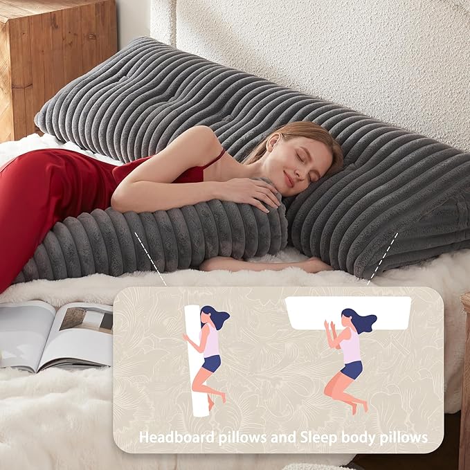 Headboard Pillow + A Long Neck Roll Pillow Body Pillow，Faux Fur Headboard Wedge Pillow with Removable Cover (Gray, Queen：59x8x20 inches)