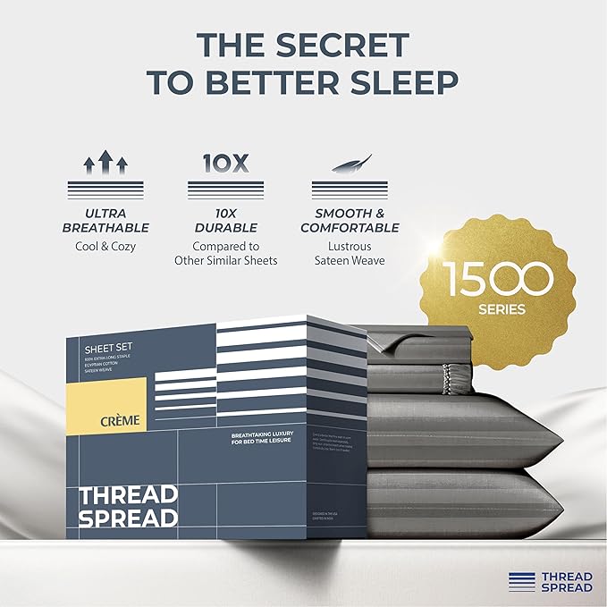 THREAD SPREAD 100% Egyptian Cotton Damask Sheets Queen Size - Luxury 1500 Series Queen Sheet Set Egyptian Cotton (4 PC, Dark Grey Stripe), Silky Soft, Sateen & Cooling, 17" Deep Pocket Bed Set