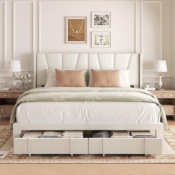 King Bed Frame with Storage Drawers, Velvet Upholstered Platform Bed with 47" Tall Headboard and Wingboard, No Box Spring Needed, NO Noise, Easy Assembly, Wooden Support Slats, Beige