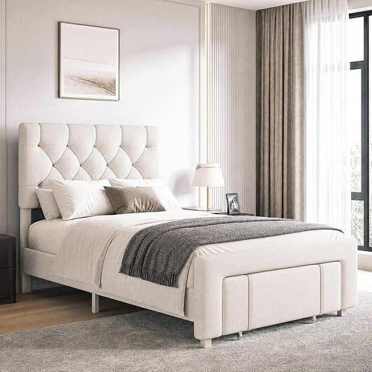 GarveeHome Twin Size Bed Frame, Upholstered Platform Bed Frame with Storage Drawers, Mattress Foundation with Solid Wooden Slats Support, No Box Spring Needed, Beige
