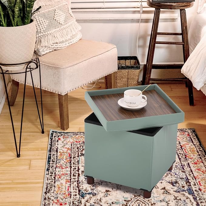 Dorriss Storage Ottoman, Ottoman with Storage for Living Room Square Ottoman with Tray Lid Bedroom Storage Footstool Cube Small Ottomans Foot Rest Stool with Legs Foldable Faxu Leather 15" Inches