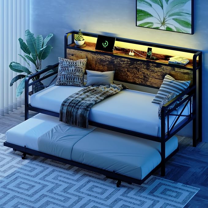 VINGLI Daybed with Trundle Twin, Metal Daybed Frame with Pop-up Trundle Bed and Charging Station,Day Bed with Wooden Storage Headboard & LED Lights, for Kids Room, Living Room, Bedroom, Brown