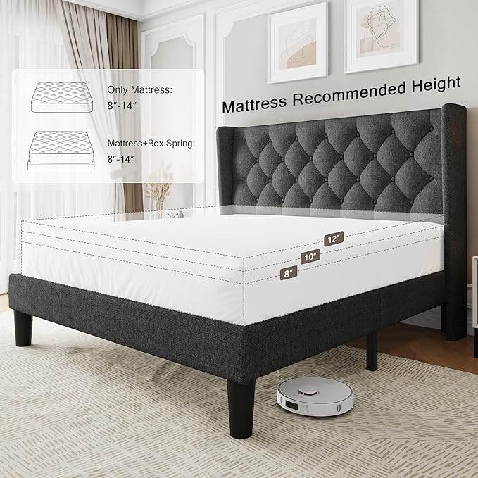 Einhomn Queen Size Platform Bed Frame with Fabric Upholstered Wingback Headboard, 8" Under Bed Space, Wooden & Metal Slats Support, No Box Spring Needed, Dark Gray