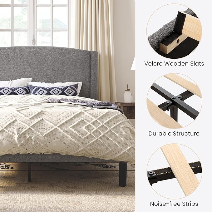 SHA CERLIN Queen Bed Frame with Soft Teddy Fabric, Boucle Upholstered Platform Bed, Curved Headboard Design, Wooden Slats Support, Noise-Free, No Box Spring Needed, Easy Assembly, Grey