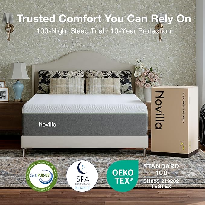 Novilla Bliss Green Tea Twin XL Mattress, 12 Inch Gel Twin XL Memory Foam Mattress in a Box for Hot Sleepers with Nylon Cover, Cool Comfort & Back Pain Relief & Motion Isolating with Certified Foams