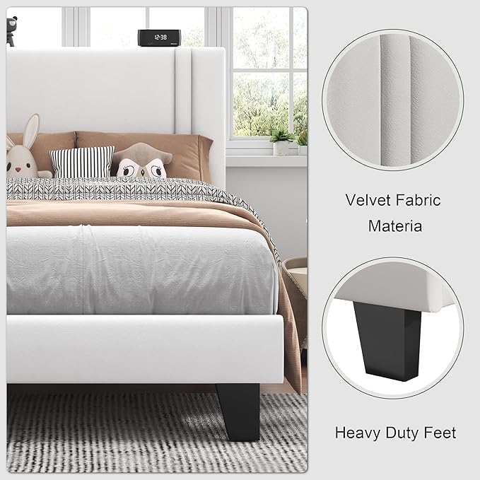 Feonase Twin Platform Bed Frame, Velvet Upholstered Twin Bed Frame, Solid Wood Slats & Heavy Duty Feet Support, No Box Spring Needed, Noise-Free, Easy Assembly, White