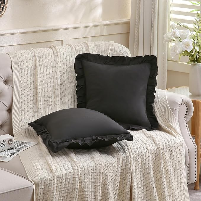 Merryword Black Pillowcases 18x18 Cute Throw Pillow Covers Pack of 2 Ruffle Pillowcase Cushion for Couch Sofa Bedroom