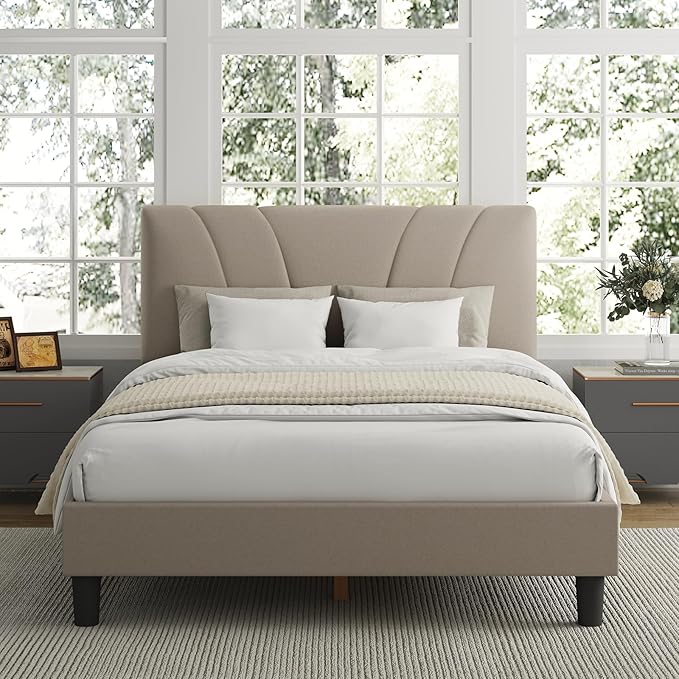 Avenco Queen Bed Frame, Upholstered Platform Queen Size Bed Frame with Adjustable Headboard, Easy Assembly, No Box Spring Needed, Beige