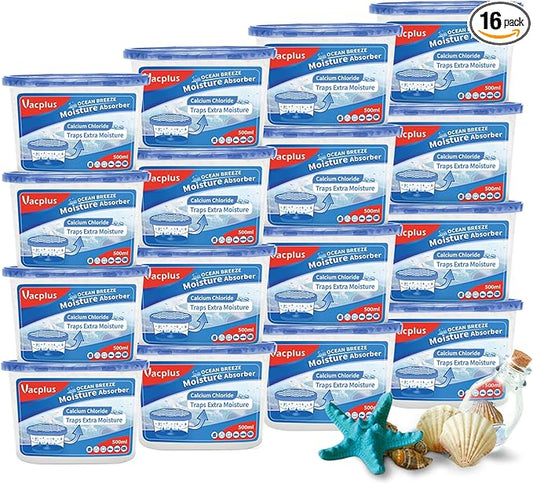 Vacplus Moisture Absorbers 16 Pack, 10.5 Oz, Humidity Absorber Boxes Attracts Extra Moisture from Your Bathroom, Closet, Kitchen, Dehumidifier for Closet(Ocean Scent), Light blue