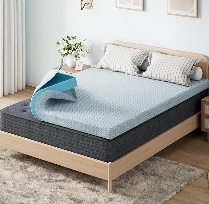 OhGeni 2 Inch Queen Memory Foam Mattress Topper Pad with Cover, Soft Bed Cover with Anti-Slip Base, Enhanced with Cooling Gel，Premium Comfort for Sleep & Back Pain Relief, Removable & Washable