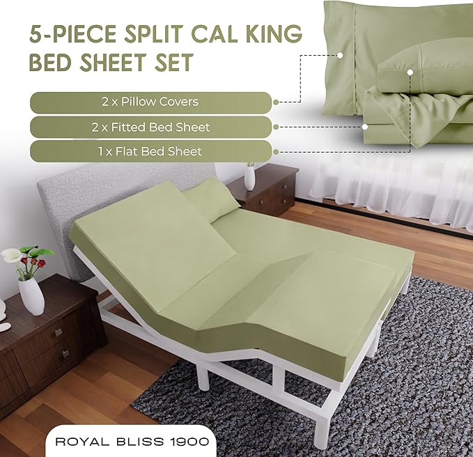 Split California King Sheets Sets - 5 Pcs Set - California King Split Sheets Sets Cal King Split Sheets for Adjustable Bed (Sage Green)