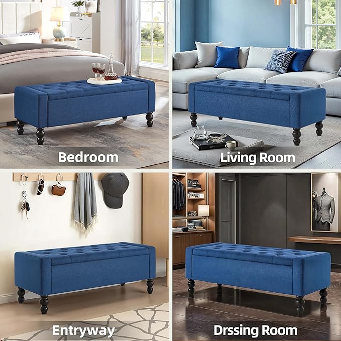 50" W Storage Ottoman Bench with Safety Hinge, Load up to 660 lb Ottoman with Storage, Upholstered Tufted Entryway Bench with Seating for Living Room, Bedroom, Entryway, Blue