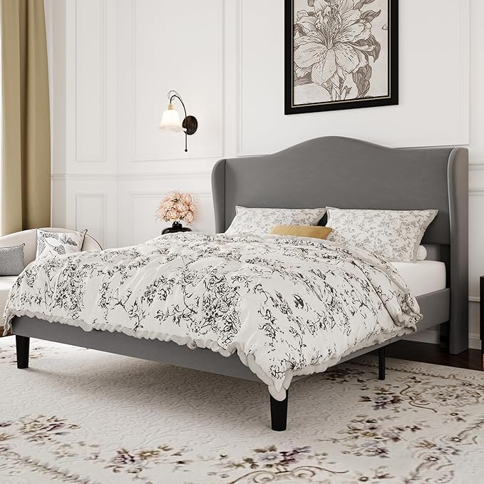 SHA CERLIN Full Size Velvet Platform Bed Frame with Elegant Wingback Headboard, Modern & Luxurious Design, Sturdy Wooden Slats, No Box Spring Required, Easy Assembly, Noise-Free, Soft Grey