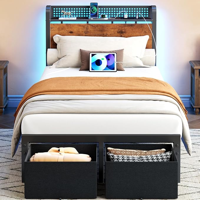Furnulem Twin Bed Frame with 2 Storage Drawers & Charging Station, Twin Platform Bed Frame with Headboard & LED Lights, No Box Spring Needed, All in One, Easy to Install, Noise Free (500 lbs Capacity)