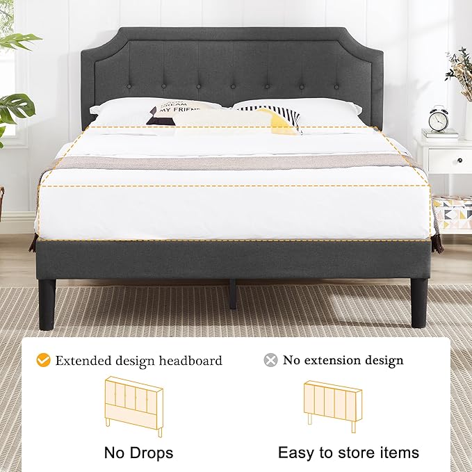 VECELO Queen Size Platform Bed Frame with Fabric Upholstered Headboard and Wooden Slats Support, No Box Spring Needed/Easy Assembly,Grey