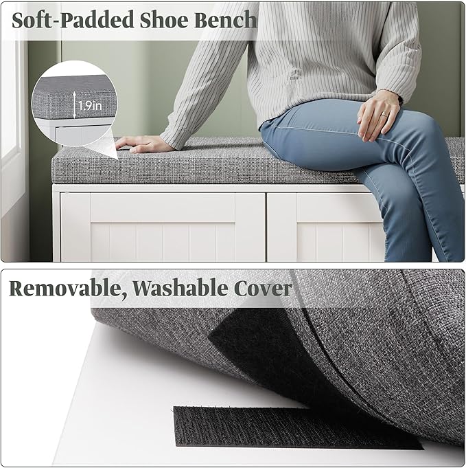Turosur Shoe Storage Bench with Cabinet, 3-Tier Entryway Bench with Padded Seat Cushion, Shoe Cabinet Bench with 4 Adjustable Shelves for Bedroom, Mudroom, White