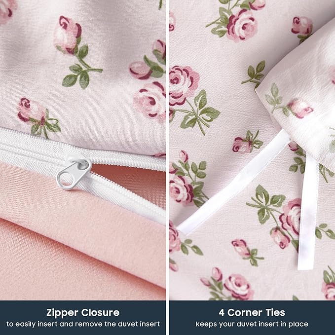 Wake In Cloud - Coquette Duvet Cover Set, Floral Cottagecore Flower Shabby Chic Cute Aesthetic, Soft Lightweight Bedding for Women Teen Girls, 3-Piece, Pink, King Size
