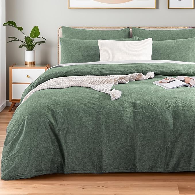 NEXHOME PRO Duvet Cover Queen 100% Washed Cotton, Organic Natural Linen Like Textured, Breathable, Durable, Home Bedding Set, Heathered Green 10490