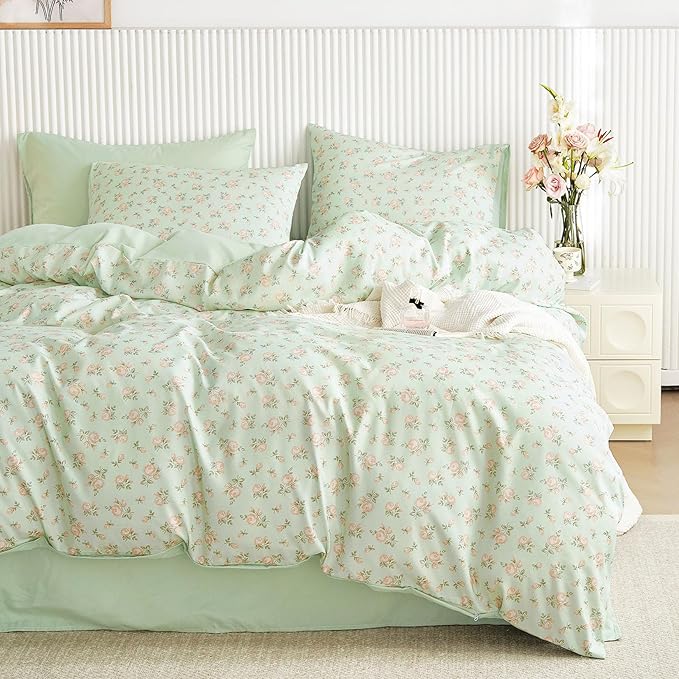 Wake In Cloud - Coquette Duvet Cover Set, Floral Cottagecore Flower Shabby Chic Cute Aesthetic, Soft Lightweight Bedding for Women Teen Girls, 3-Piece, Green Pink, Full Size