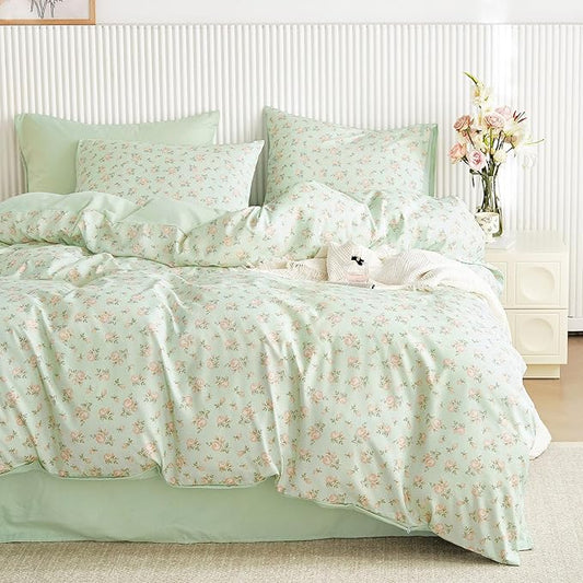 Wake In Cloud - Coquette Duvet Cover Set, Floral Cottagecore Flower Shabby Chic Cute Aesthetic, Soft Lightweight Bedding for Women Teen Girls, 3-Piece, Green Pink, Full Size
