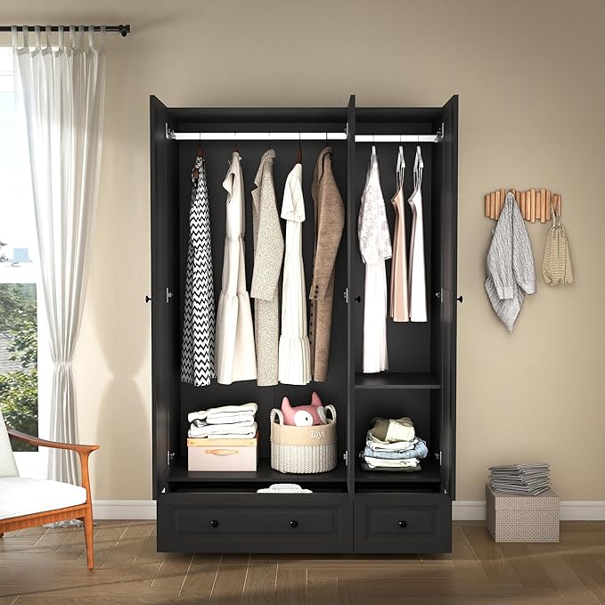 Armoire Wardrobe Closet with Drawers: 74" Black Wardrobe Close with 3 Doors, Tall Armoire with Hanging Rod, Large Wood Clothes Cabinet for Bedroom (Black, 47") (Black, 47")