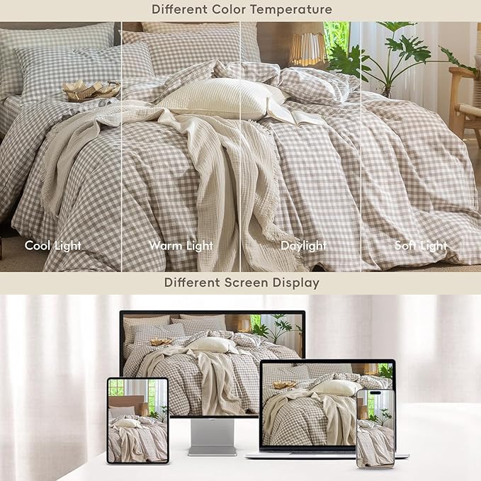 MooMee Gingham Duvet Cover Set 100% Washed Cotton Linen Like Textured Breathable Durable Soft Comfy Modern Checkered Design (Tannish Linen Grey Gingham, Full 80"x90")
