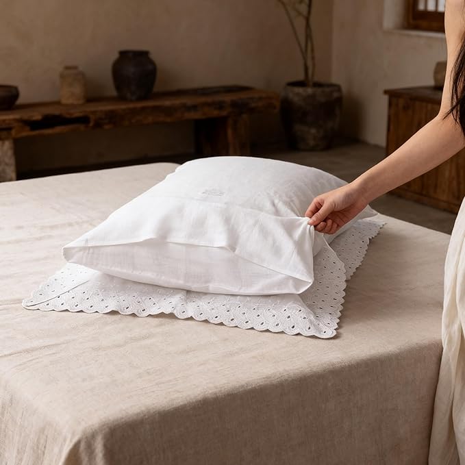 CHUFFED 100% French Linen Pillowcases with Embroidery Lace,French Vintage Style Stone Washed Breathable Pillow Covers Queen Size Set of 2 with Envelope Closure for Decor,20x30 inches, White
