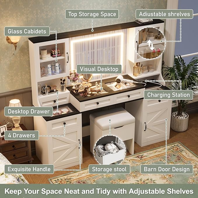 Farmhouse Vanity Desk with Mirror, 61.5" Makeup Vanity Table Set with Glass Visual Desktop and Cushion Stool, Dressing Table with 5 Drawers and 4 Cabinets for Bedroom