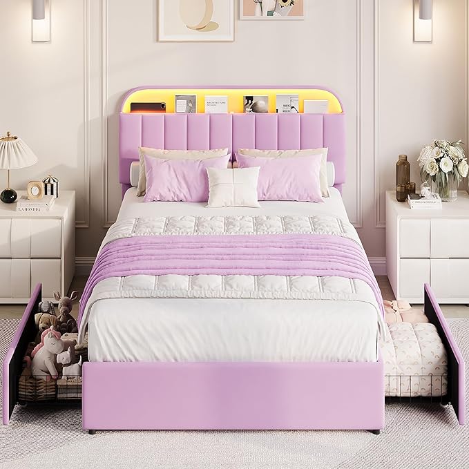 GarveeHome Full Bed Frame with Storage Headboard, Kids Bed Frame with 2 Drawers, Velvet Upholstered Platform Bed Frame with Lights, No Box Spring Needed, Easy Assembly, Velvet Purple