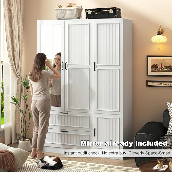 Squireewo Vertical Grooved Style 3 Doors Wardrobe Closet Armoire with Mirrors and LED Lights, 70.3" H Modern Wooden Bedroom Armoires with 2 Drawers, Large Capacity Freestanding Armoire, White