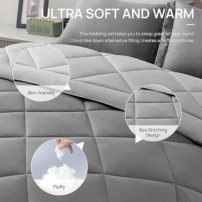 Love's cabin Queen Comforter Set Grey, 7 Pieces Queen Bed in a Bag, All Season Bedding Sets with 1 Comforter, 1 Flat Sheet, 1 Fitted Sheet, 2 Pillowcase and 2 Pillow Sham | Soft, Breathable, Lightweight, Comfortable