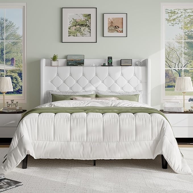 SHA CERLIN Full Size Platform Bed Frame with Charging Station, Velvet Wingback Headboard with Storage Shelf, Wooden Slats Support, Ample Under-Bed Space, No Box Spring Needed, Easy Assembly, White