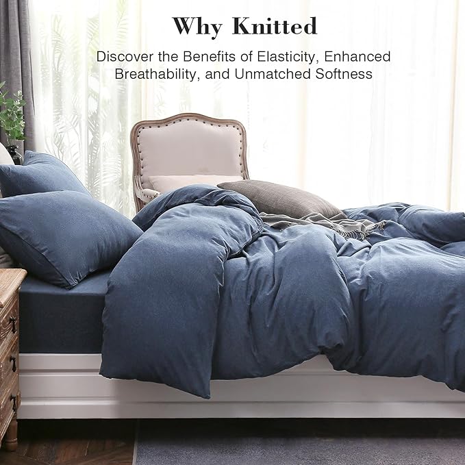 PURE ERA Jersey Knit Duvet Cover Set 100% T-Shirt Cotton Super Soft Comfy 3pc Bedding Set with Zipper Closure (Heather Navy Blue, Queen)