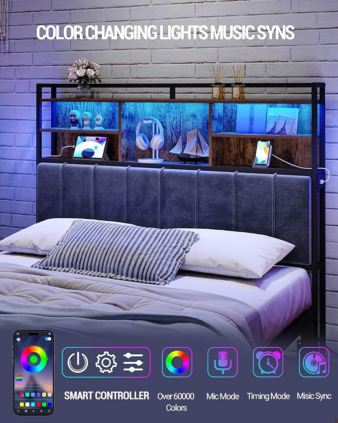 Hzuaneri Headboard with 3-Tier Storage Shelves, Velvet Upholstered Head Board with 2 Outlets, USB Ports & LED Light, Soft Backrest for Queen Size Bed, Rustic Brown and Black BH15201BV1