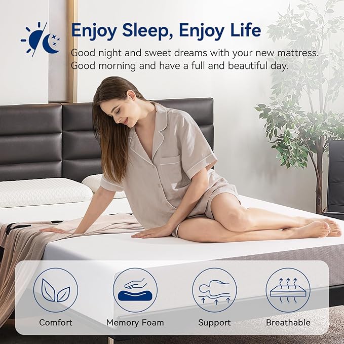 Amazon Basics Memory Foam Mattress, Soft Plush Feel, Breathable, 10 Inch, Full, White/Grey