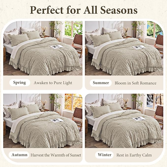 JOLLYVOGUE Twin Size Comforter Set, 2 Pieces Oatmeal Seersucker Lightweight Fluffy Bedding Set, Twin Ruffle Comforter, All Season Soft Microfiber Shabby Chic Bed Set
