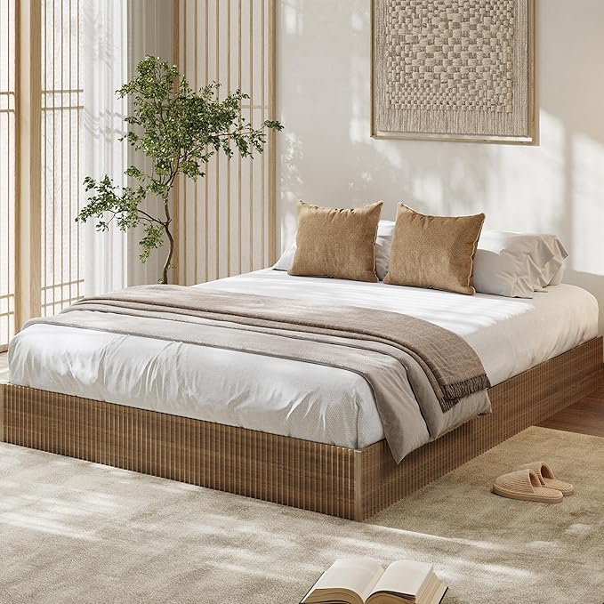 Garvee California King Bed Frame, Wood Platform Bed with Fluted Design, Low Profile BedFrame, Minimalist Bed Base with Noise-Free, Easy Assembly, No Box Spring Needed, Walnut
