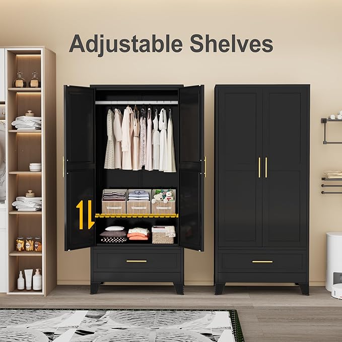 winiowa Metal Armoire Wardrobe Closet with Drawer, 71" Wardrobe Cabinet with Adjustable Shelves and Hanging Rod, Clothing Storage Cabinet Closet for Bedroom-Black