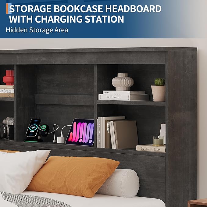 IDEALHOUSE King Bed Frame with Storage Headboard, Wooden Bed Frame with Charging Station, Storage Bookcase & King Size Platform Bed with 4 Drawers, No Box Spring Needed, Noise-Free,Ink
