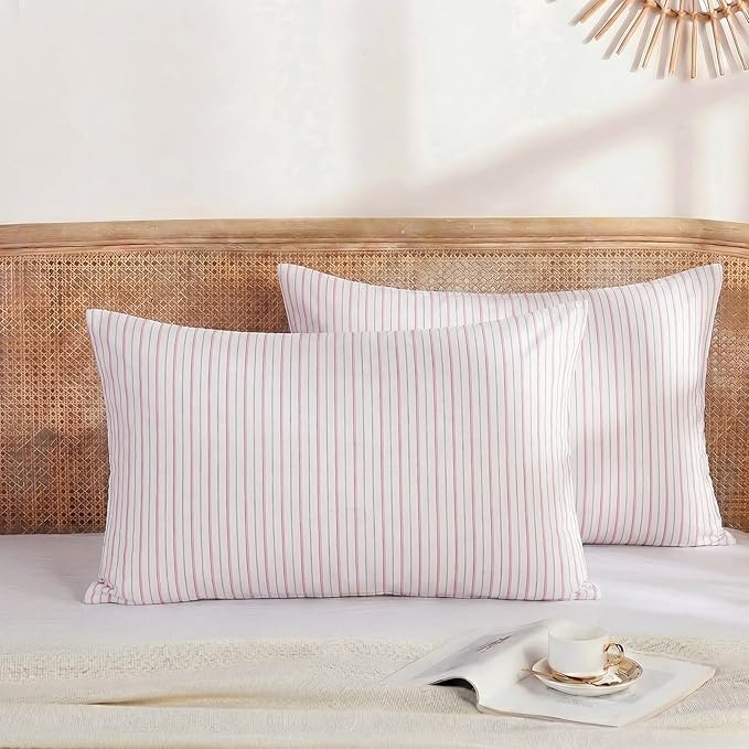 Merryword King Size Pillowcases, 100% Cotton Pillow Cases, White & Pink Striped Pillowcases, Soft Breathable Ticker Stripe Pillow Covers, Set of 2