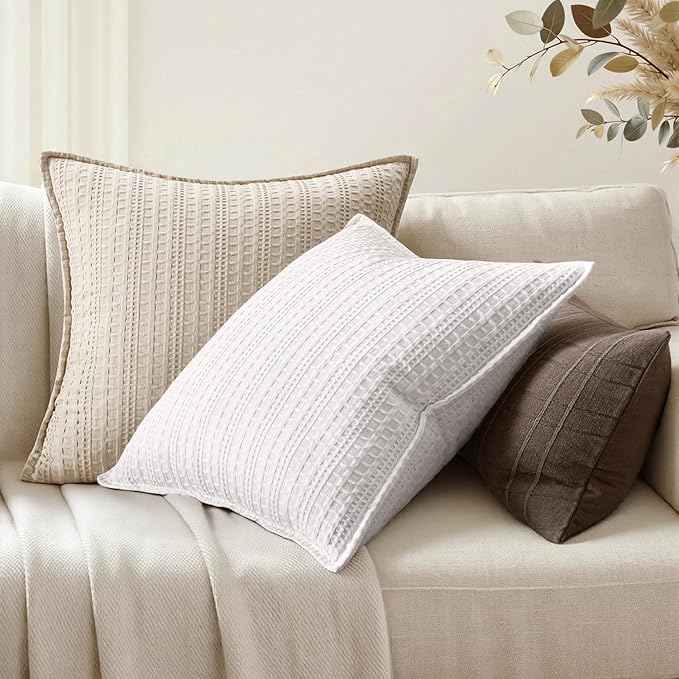 Set of 2 Decorative 100% Cotton Waffle Throw Pillow Covers 20x20, Neutral Euro Shams Weave European Cushion Cases for Couch Sofa Bed Modern Farmhouse Home Decor, White