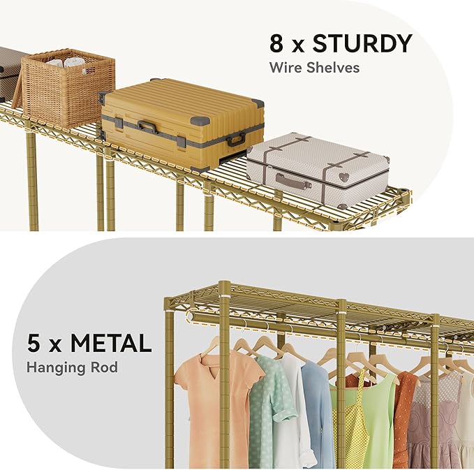 Higeego H5 Large Wire Garment Rack, Heavy Duty Clothes Racks, Wardrobe Closet Rack for Hanging Clothes, Freestanding Clothing Racks with Adjustable Shelf, 93.3" Wx15.7 Dx75.4 H, Gold, Load 1400 lbs