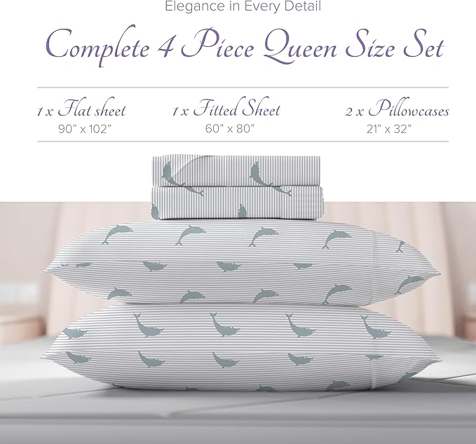 Carressa Linen 100% Egyptian Cotton Queen Sheet Set - 600 Series Hydrangeas Printed Egyptian Cotton Queen Sheets Set (4 PC, Green Dolphin), 16" Deep Pocket Sateen Weave Luxury Hotel Bed Sheet