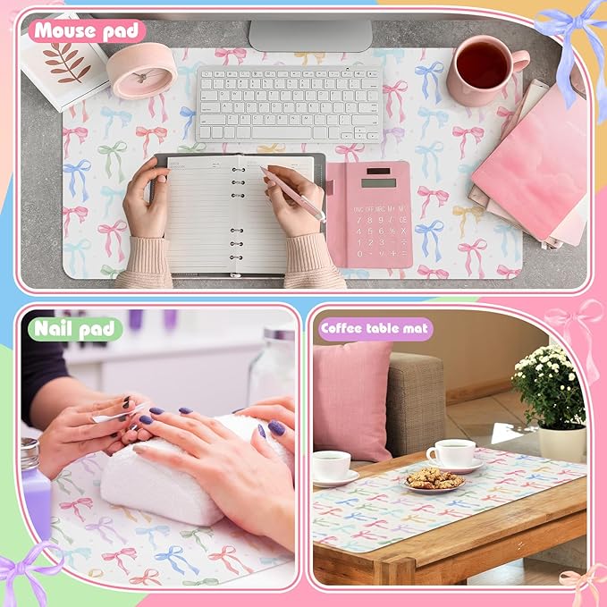 Teenyyou Coquette Bow Makeup Mat for Vanity Top Protector Graduation Gift Dual Side Leather Desk Mouse Pad Girly Waterproof Nonstick Dressing Accessories for Women Home Office(Colorful,15.7"x31.5")