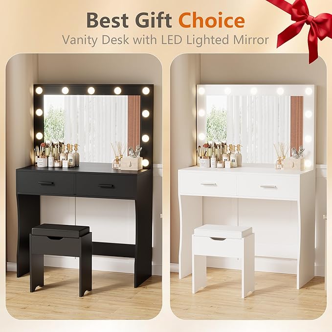 YESHOMY Vanity Desk with Mirror, Power Outlet and 11 Lights, Makeup Table with 2 Drawers, 3 Color Modes Available for Bedroom, Ash Black