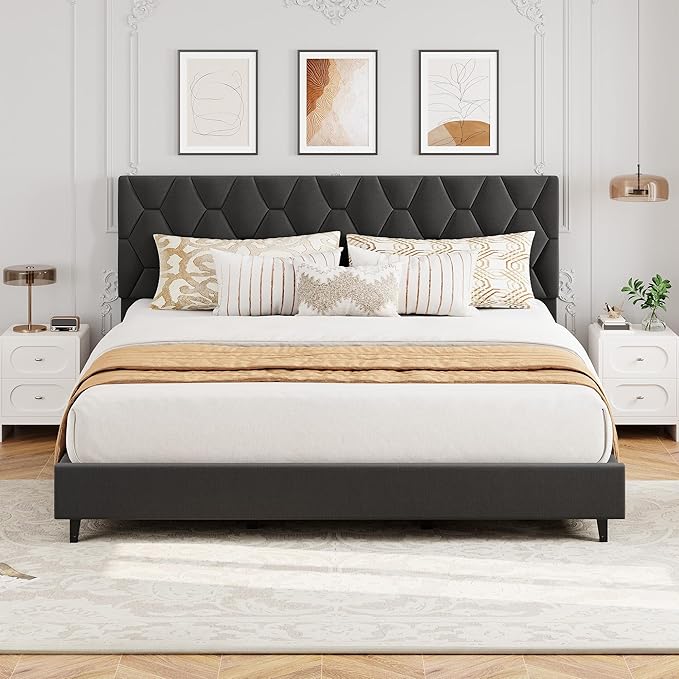 GarveeHome King Size Platform Bed Frame with Upholstered Headboard and Wooden Slats Support, Upholstered Mattress Foundation/No Box Spring Needed/Easy Assembly, Grey