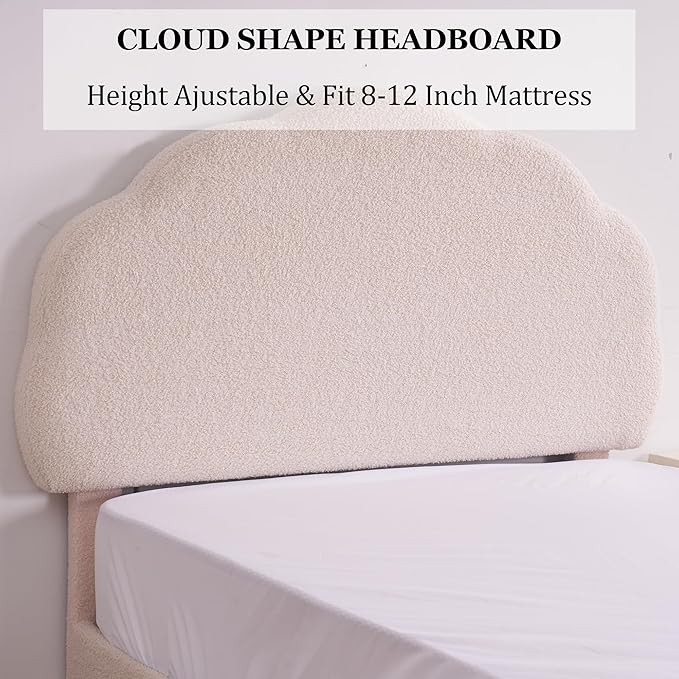 VECELO Twin Size Bed Frame, Upholstered Platform Bedframe with Height Adjustable Plush Fabric Headboard, No Box Spring Needed, Beige