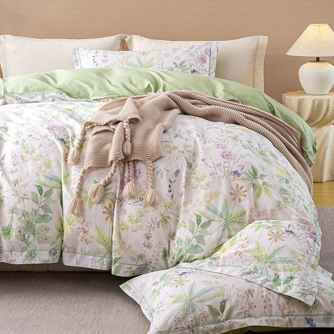 OAITE Duvet Cover Set Queen Size Floral Pattern Ultra Soft 100% Cotton Duvet Cover Sets 3-PC, Breathable Duvet Cover with Zipper Closure & Corner Ties(2 Pillow Shams,1 Duvet Cover)