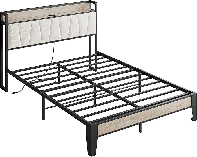 LIKIMIO Queen Bed Frames, Bouclé Storage Headboard with Charging Station, Solid and Stable, Noise Free, No Box Spring Needed, Easy Assembly
